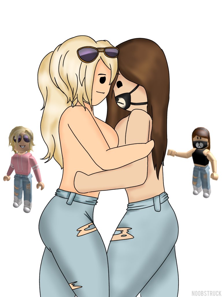 2girls artist_name bear_face_mask black_eyes blonde_hair blue_jeans blue_pants breast_press breasts brown_hair face_mask female female/female female_only half_naked hugging long_hair multiple_girls no_bra noobstruck pale-skinned_female pale_skin pants ponytail ripped_clothing ripped_jeans ripped_pants roblox roblox_avatar side_view sideboob simple_background smile standing sunglasses sunglasses_on_head topless white_background yuri