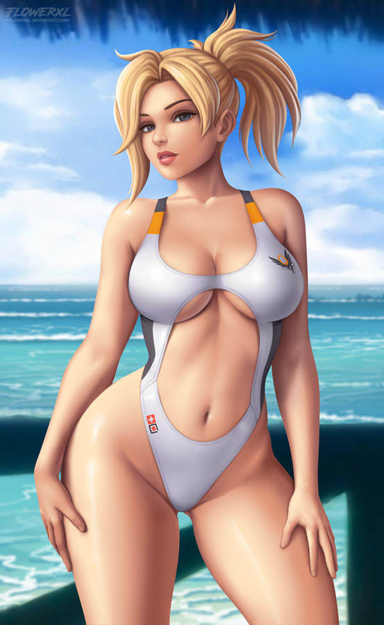 1girls, big breasts, blonde hair, breasts, female, female only, flowerxl, long hair, mature female, mercy, one-piece swimsuit, overwatch, solo, solo female, solo focus, swimsuit