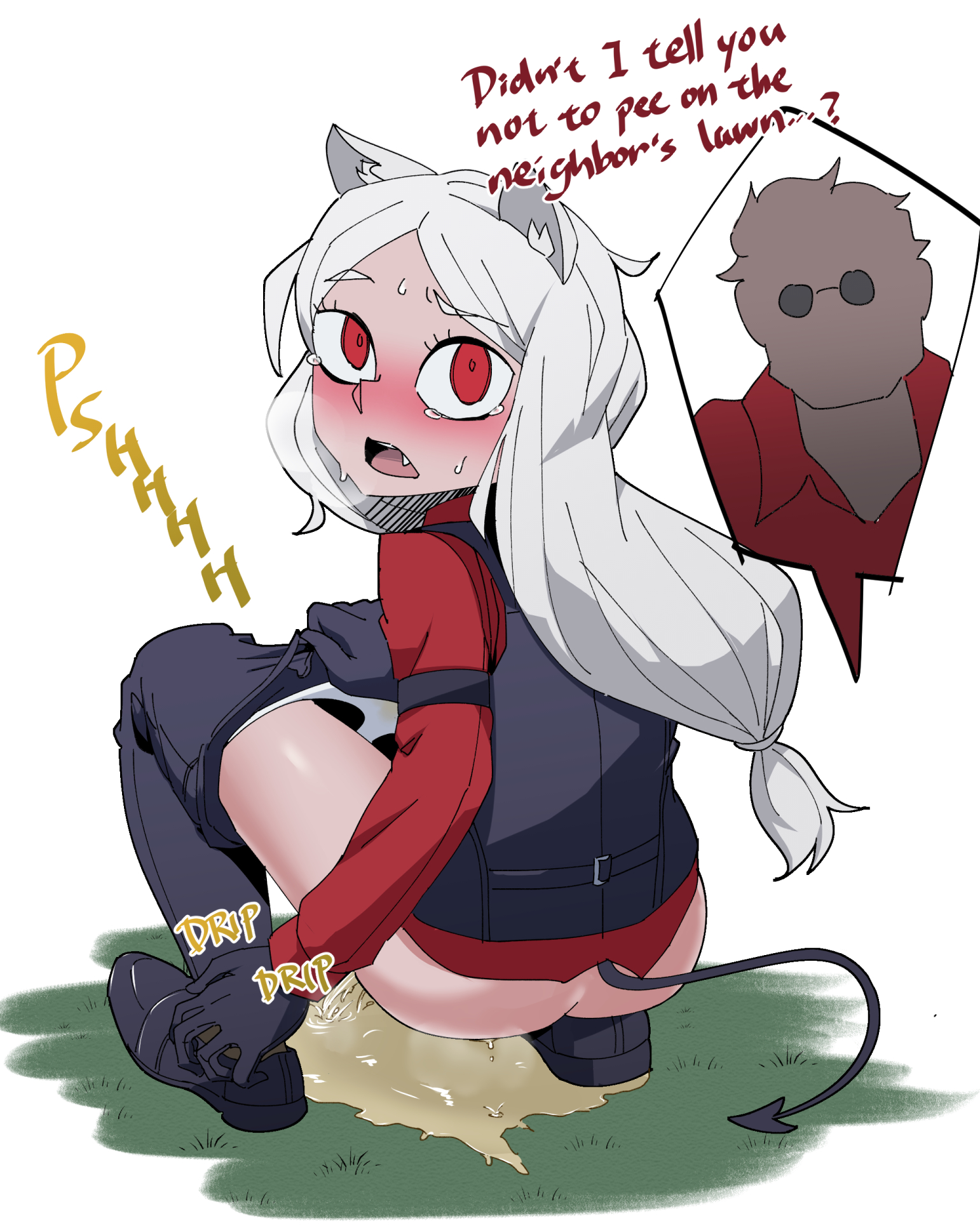 1boy, animal ears, artist request, blush, bottomless, cerberus (helltaker), demon, demon girl, embarrassed, female, helltaker, helltaker (character), male, peeing, public, public exposure, public humiliation, squatting, surprised, urination, urine, watersports, white hair