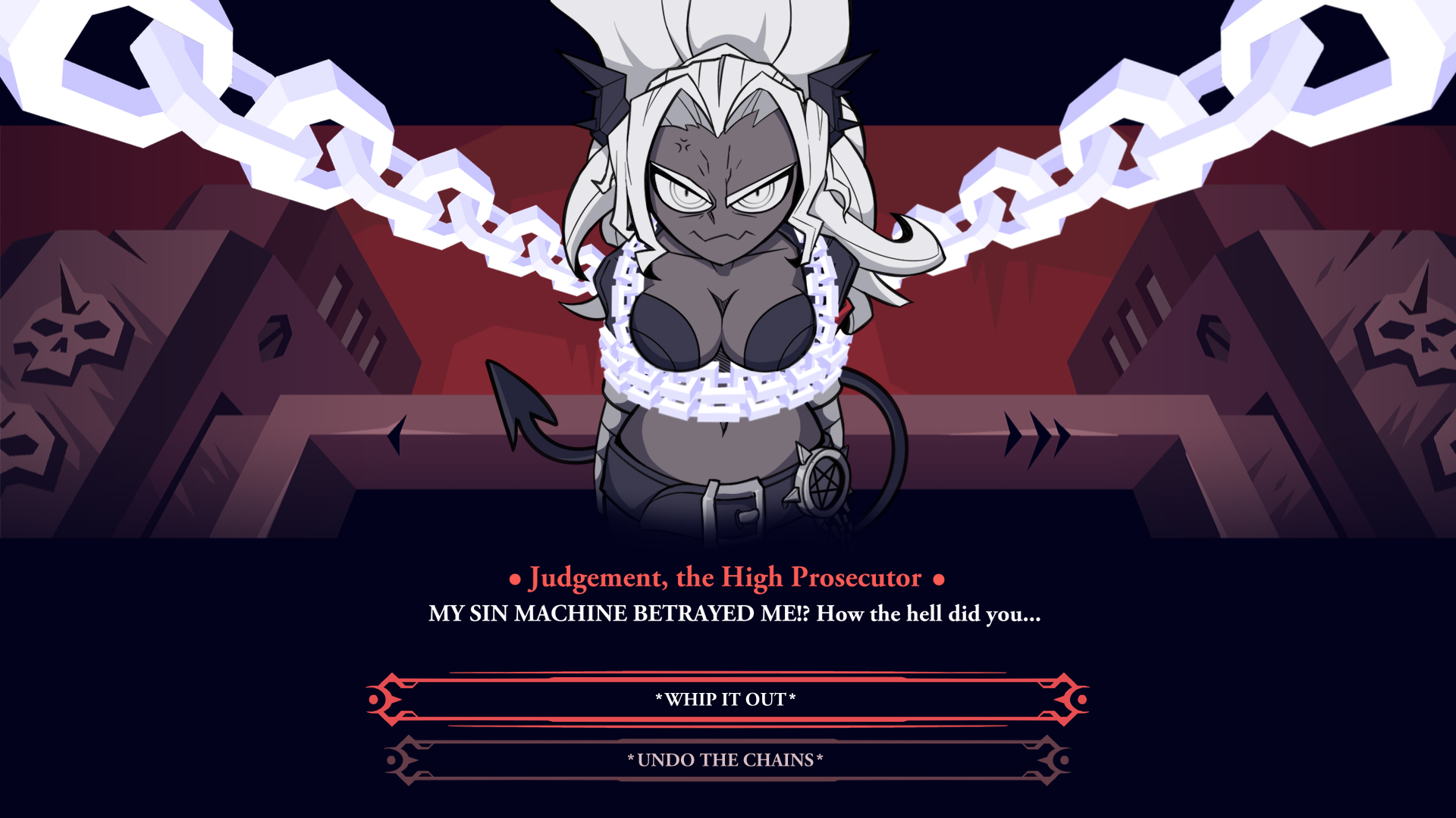1boy, 1girls, angry, bondage, breasts, captured, chained, cleavage, dark skin, demon, demon girl, demon tail, female, grey skin, hair, helltaker, helltaker (character), horns, judgement (helltaker), long hair, looking at viewer, male, ponytail, tail, text, text box, white hair, zlasova