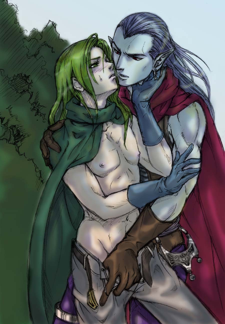 chrono_trigger colored elf gay glenn gloves hannya kissing long_ears long_hair magus male_chest male_nipples male_on_male male_only outside pencil_(artwork) sketch tagme undressing yaoi