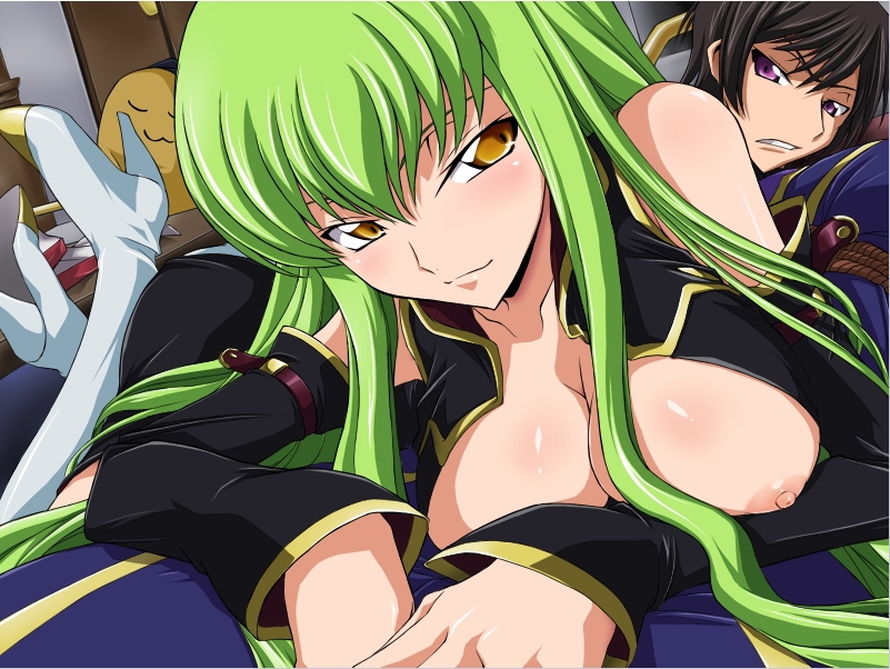 aquamu bondage boots breasts c.c. cheese-kun cleavage code_geass green_hair high_heels kallen_stadtfeld lelouch_lamperouge lying lying_on_guy lying_on_person naughty_face naughty_smile on_person open_clothes open_shirt pizza_hut shirt shoes tied_up yamagarasu yellow_eyes