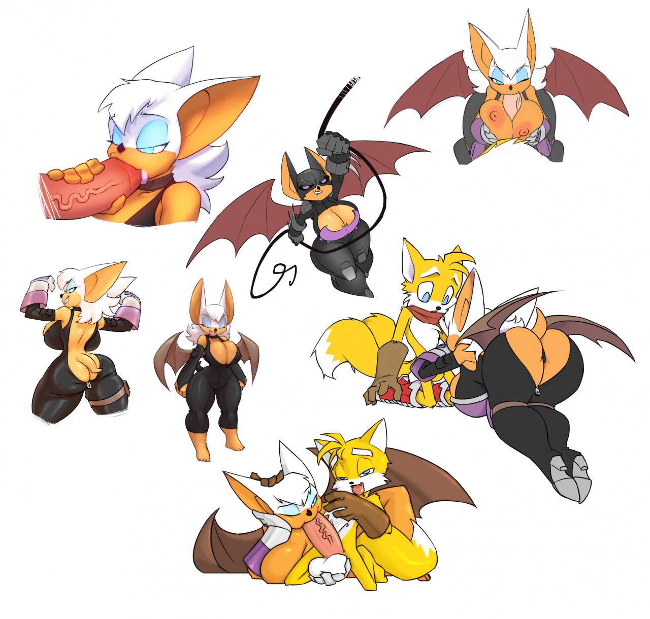 2014, anthro, ass, ass cleavage, ass crack, balls, bat, big breasts, big penis, bigdad, breasts, butt crack, canine, color, cosplay, cyan eyes, darnact, erection, fellatio, female, fox, interspecies, male, mammal, miles tails prower, multi tail, nipples, oral, oral sex, paizuri, penis, rouge the bat, sega, sex, sonic (series), sonic the hedgehog (series), straight, tail, tails, tails the fox, vein, white background, wide hips
