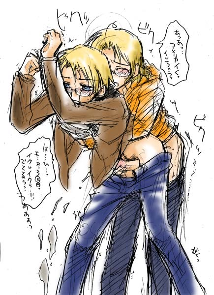 alfred_jones america_(hetalia) anal_penetration anal_sex axis_powers_hetalia blonde_hair blonde_hair_male canada_(hetalia) glasses incest jeans male_only matthew_williams twins