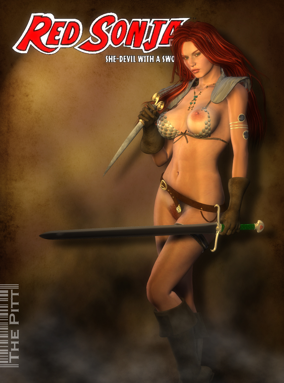 1girls 3d armed chainmail_bikini female female_only marvel marvel_comics red_sonja red_sonja_(comics) solo straight_hair the_pitt