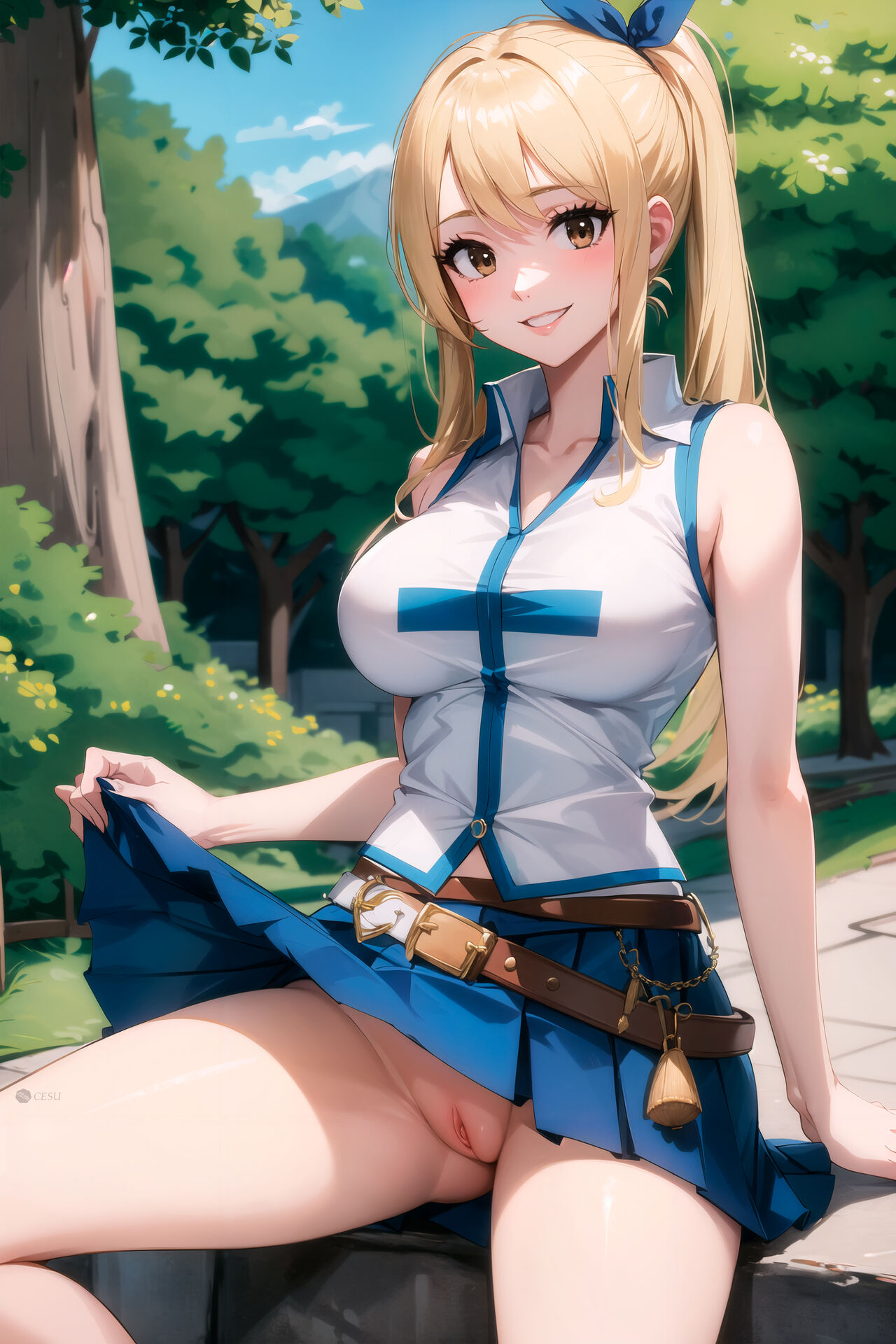 ai generated, blonde hair, blush, brown eyes, clothing, fairy tail, female, lifting skirt, lucy heartfilia, no panties, ponytail, public, pussy, sitting, skirt, smile
