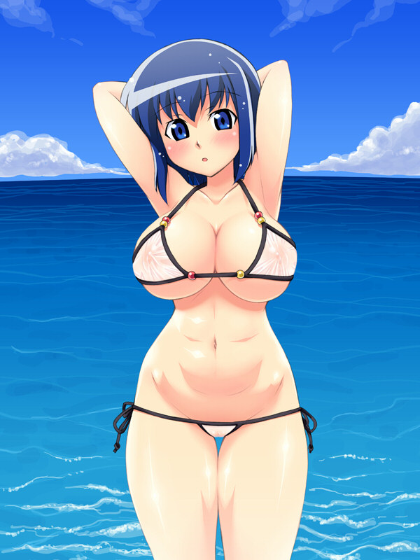 armpits bb bikini blue_eyes blue_hair blush breasts elf_k hips huge_breasts kokubunji_koyori koyori_kokubunji large_breasts lowleg_bikini nurse_witch_komugi nurse_witch_komugi-chan ocean sea short_hair side-tie_bikini swimsuit wide_hips