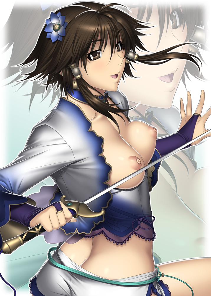 breasts brown_eyes brown_hair chai_xianghua choker hair_ornament hairpin kansuke nipples open_clothes open_shirt pointy_chin shirt short_hair shorts soul_calibur sword weapon