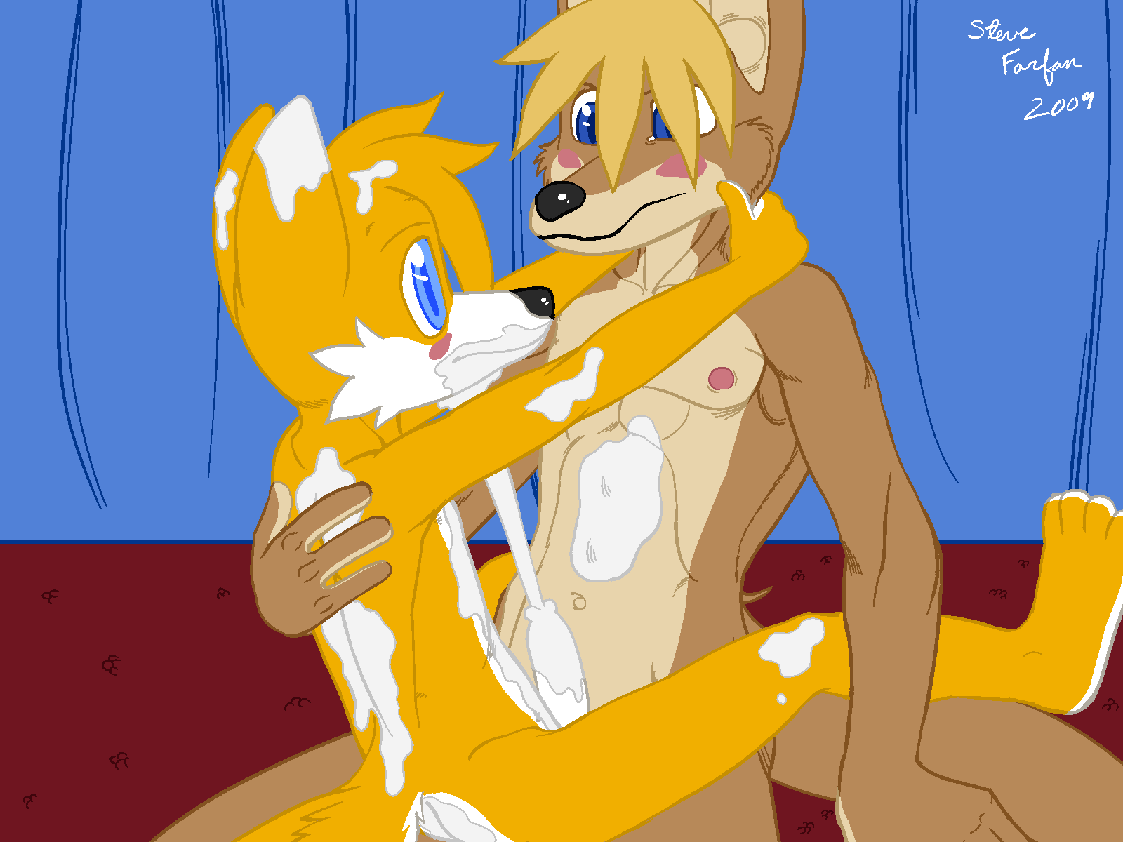 2009 anthro canine cum excessive_cum eye_contact fox fur furry furry_only looking_at_viewer male male_only mammal multiple_males no_humans nude sex sitting sonic_(series) steve_farfan tails yaoi