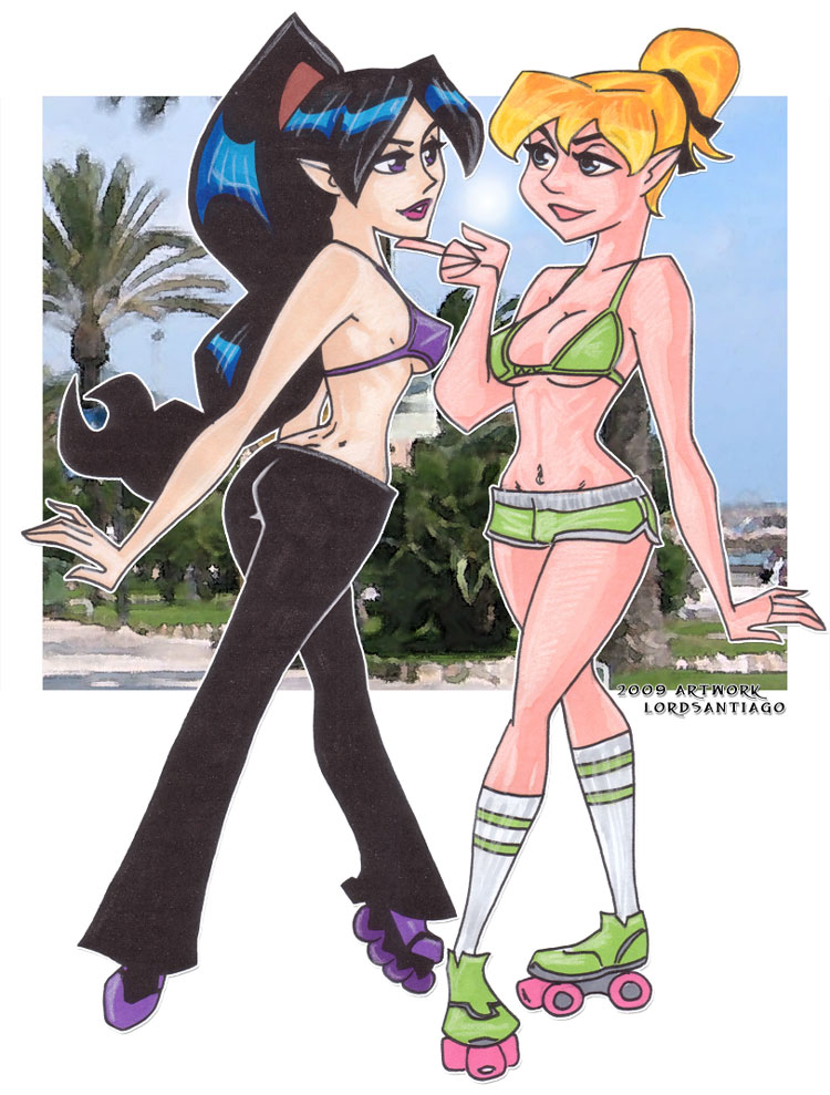 2009 2girls beach bikini_bra black_hair blonde_hair blue_eyes disney disney_fairies female lord_santiago multiple_girls pants pointy_ears ponytail roller-blades roller-skates roller_skates shorts socks tied_hair tinker_bell vidia yuri