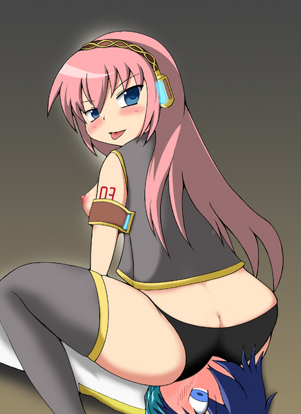 ass black_panties blue_eyes blue_hair blush breasts facesitting femdom headset kaito_(vocaloid) long_hair megurine_luka nipples panties pink_hair sitting_on_person thighhighs tongue underwear very_long_hair vocaloid yukinojo