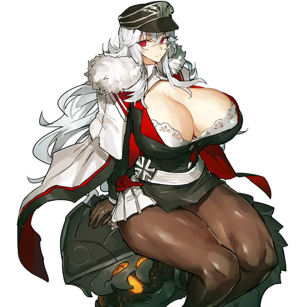 azur lane, big breasts, breasts, cap, cape, cleavage, female, graf zeppelin (azur lane), hat, huge breasts, long hair, massive breasts, mature female, melon22, muscular, muscular female, muscular legs, muscular thighs, pantyhose, red eyes, silver hair, sitting, thick thighs, undershirt, white background, white hair
