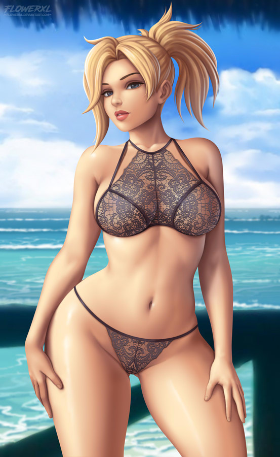 1girls, blonde hair, bra, breasts, cleavage, female, female only, flowerxl, large breasts, looking at viewer, mercy, overwatch, panties, solo, solo female