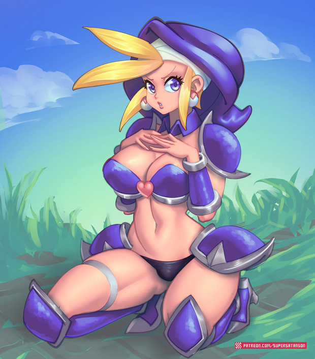 1girls, armor, big breasts, bikini armor, breasts, cleavage, female, female only, large breasts, shantae, sky (shantae), smooth skin, solo, supersatanson