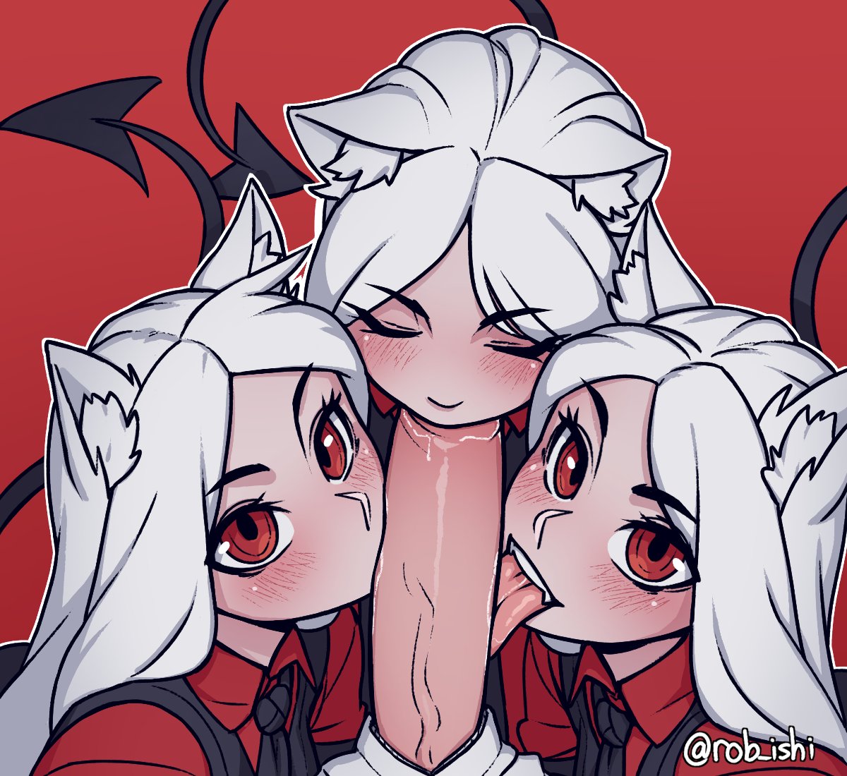 1boy, 3girls, big penis, blush, cerberus (helltaker), closed eyes, collaborative fellatio, demon, demon girl, demon tail, dog ears, erection, faceless male, fellatio, female, helltaker, kissing, kissing penis, licking penis, light skin, light-skinned male, long hair, looking at viewer, male, multiple females, multiple girls, oral, penis, red eyes, rob ishi, saliva, shirt, straight, sucking, teamwork, teeth, tie, tongue, tongue out, triple fellatio, vein, vest, white hair
