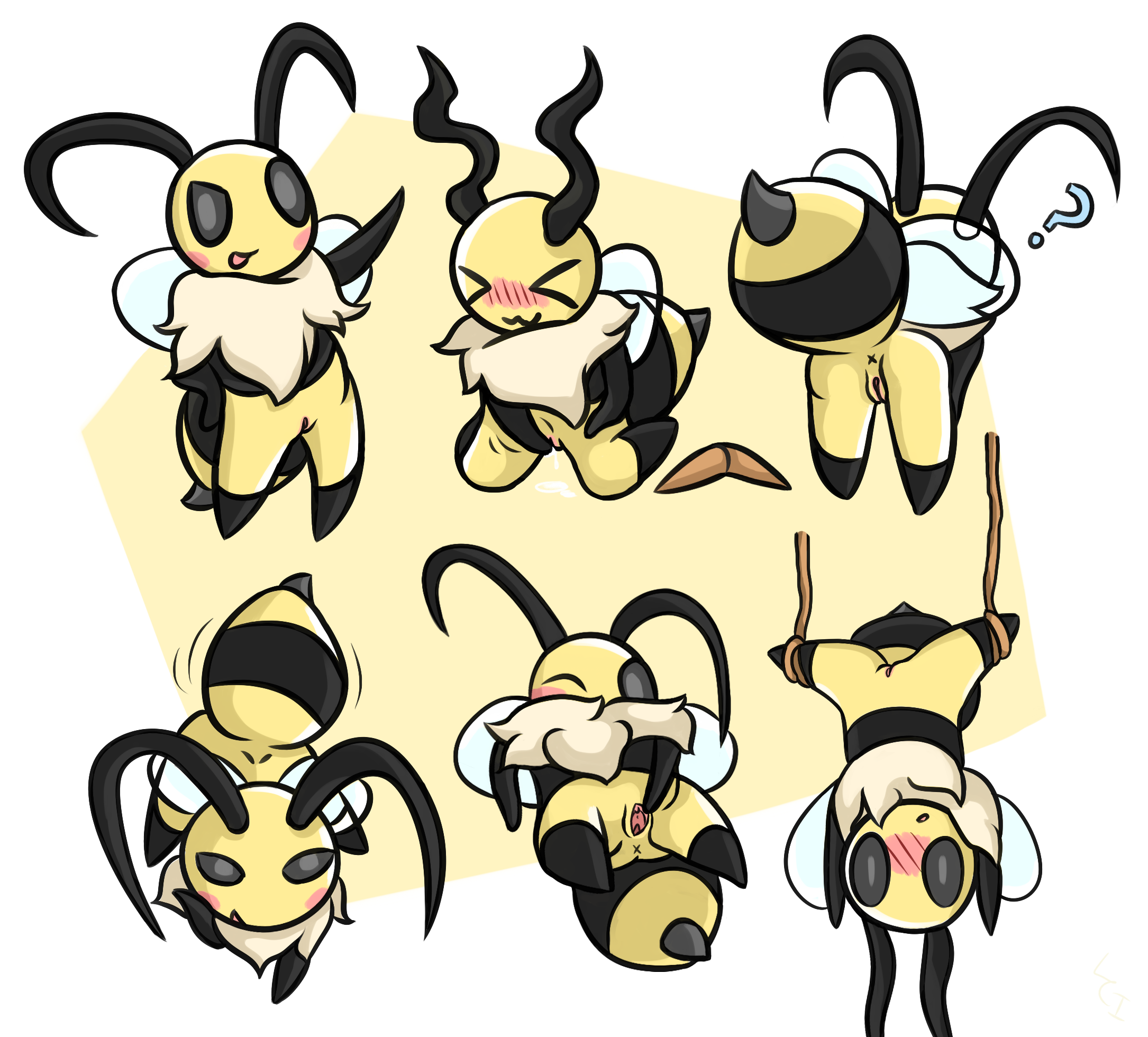 antennae (anatomy), anthro, anus, arthropod, artist request, bee, blush, bodily fluids, boomerang, bug fables, closed eyes, embarrassed, female, flat chested, freelime, genital fluids, genitals, hi res, hymenopteran, insects, lying, masturbation, multiple poses, neck tuft, nude, on back, one eye closed, pose, presenting, presenting pussy, pussy, pussy juice, raised tail, smile, solo, spread pussy, spreading, standing, stinger, teasing, tuft, upside-down, vaginal masturbation, vaginal penetration, vi (bug fables), wings