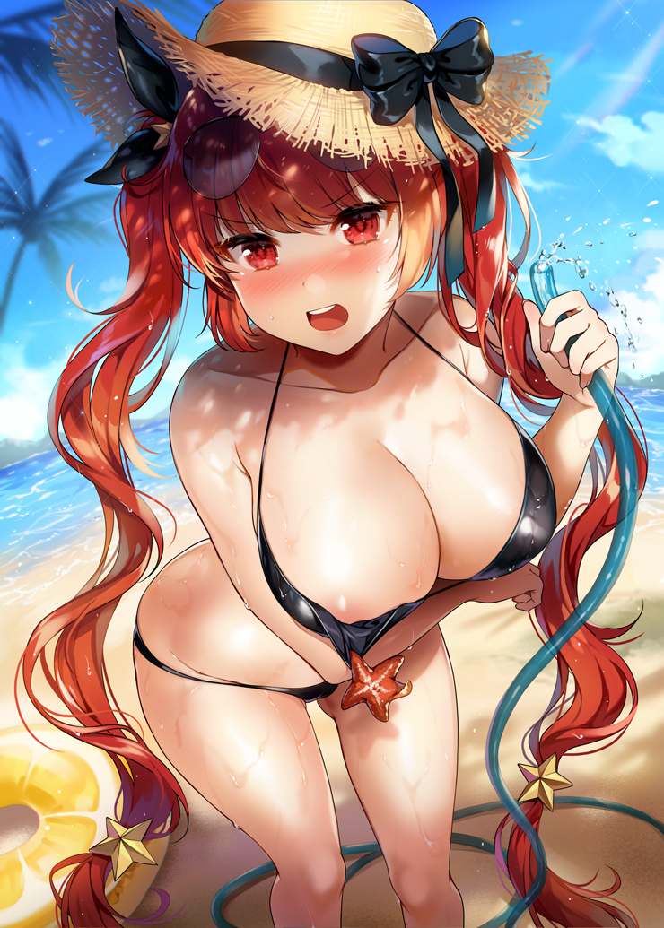 areola slip, azur lane, honolulu (azur lane), red hair, starfish, swimsuit, wardrobe malfunction