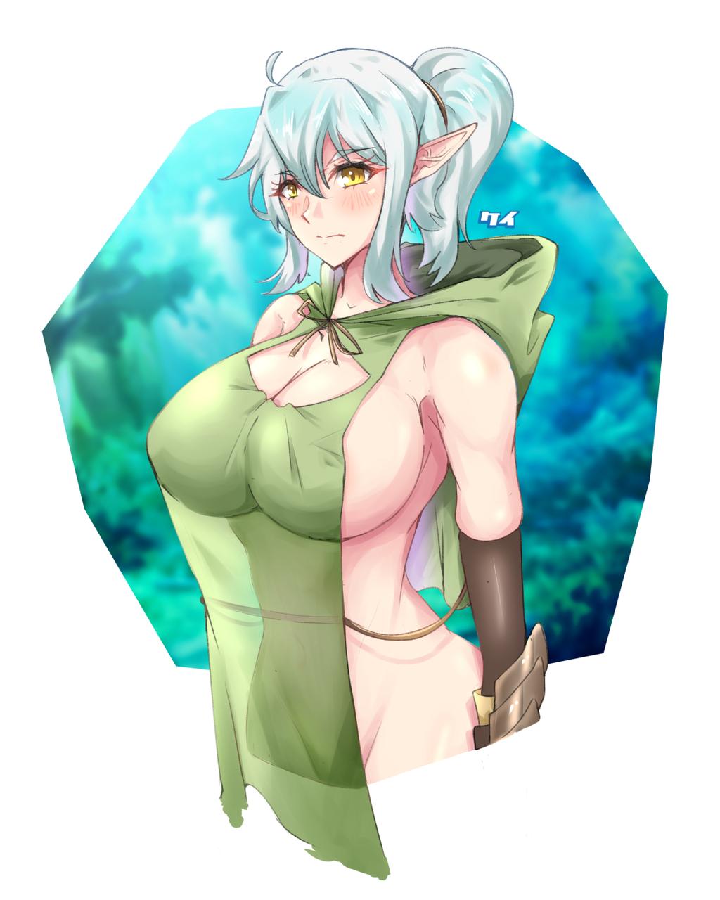 amber_eyes blush cleavage cleavage_cutout curvy elf elf_ears gauntlets hood_down huge_breasts light_blue_hair original original_character pale_blue_hair pointy_ears sideboob tiltedcube transparent_clothing voluptuous