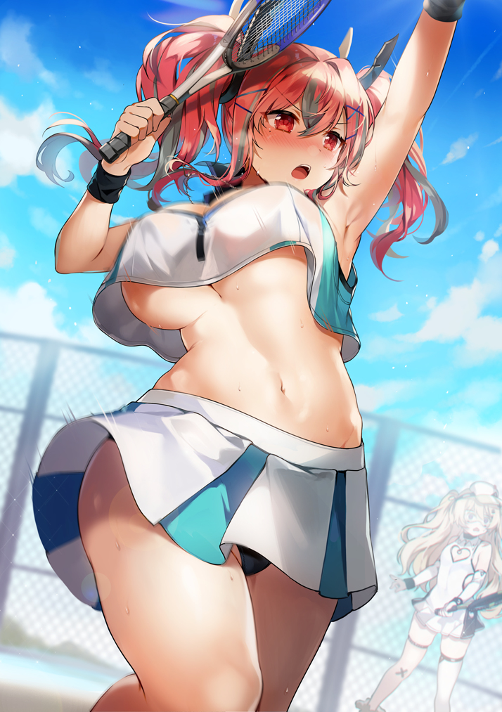 2girls, azur lane, bremerton (azur lane), bremerton (scorching-hot training) (azur lane), female, multiple females, multiple girls, red hair, tennis, tennis racket