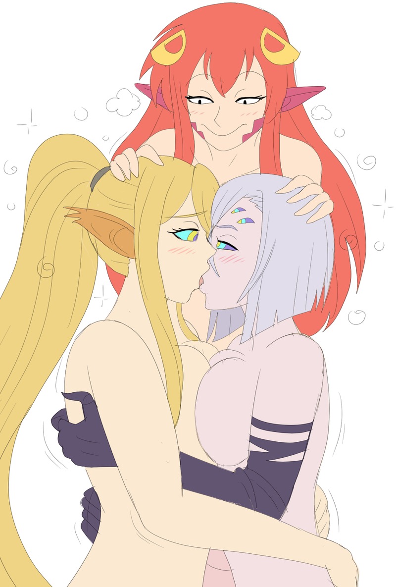 3girls, animal ears, big breasts, breast press, breast squeeze, breasts, centaur, centorea shianus, female, huge breasts, kissing, lamia, miia (monster musume), mind control, monster girl, monster musume no iru nichijou, multiple females, multiple girls, naga, rachnera arachnera, spider girl, taur, yuri