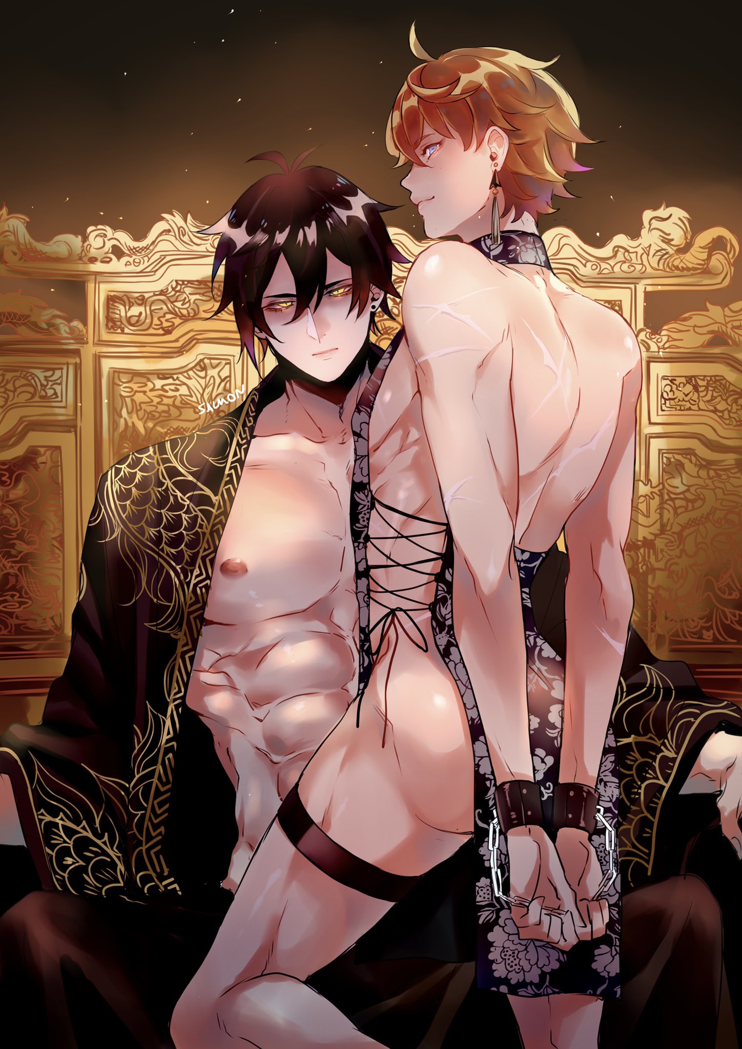 2boys, bara, childe (genshin impact), dress, feminization, garter, gay, genshin impact, handcuffs, male, male only, muscles, muscular, scars, shackles, sushisalmon95, tartaglia (genshin impact), yaoi, zhongli (genshin impact)