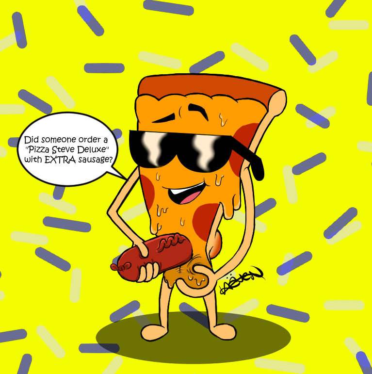 balls cartoon_network eyewear food food_creature genitals havenstinkman looking_at_viewer male male_only meat nude penis pizza pizza_steve sausage smile solo sunglasses text uncle_grandpa