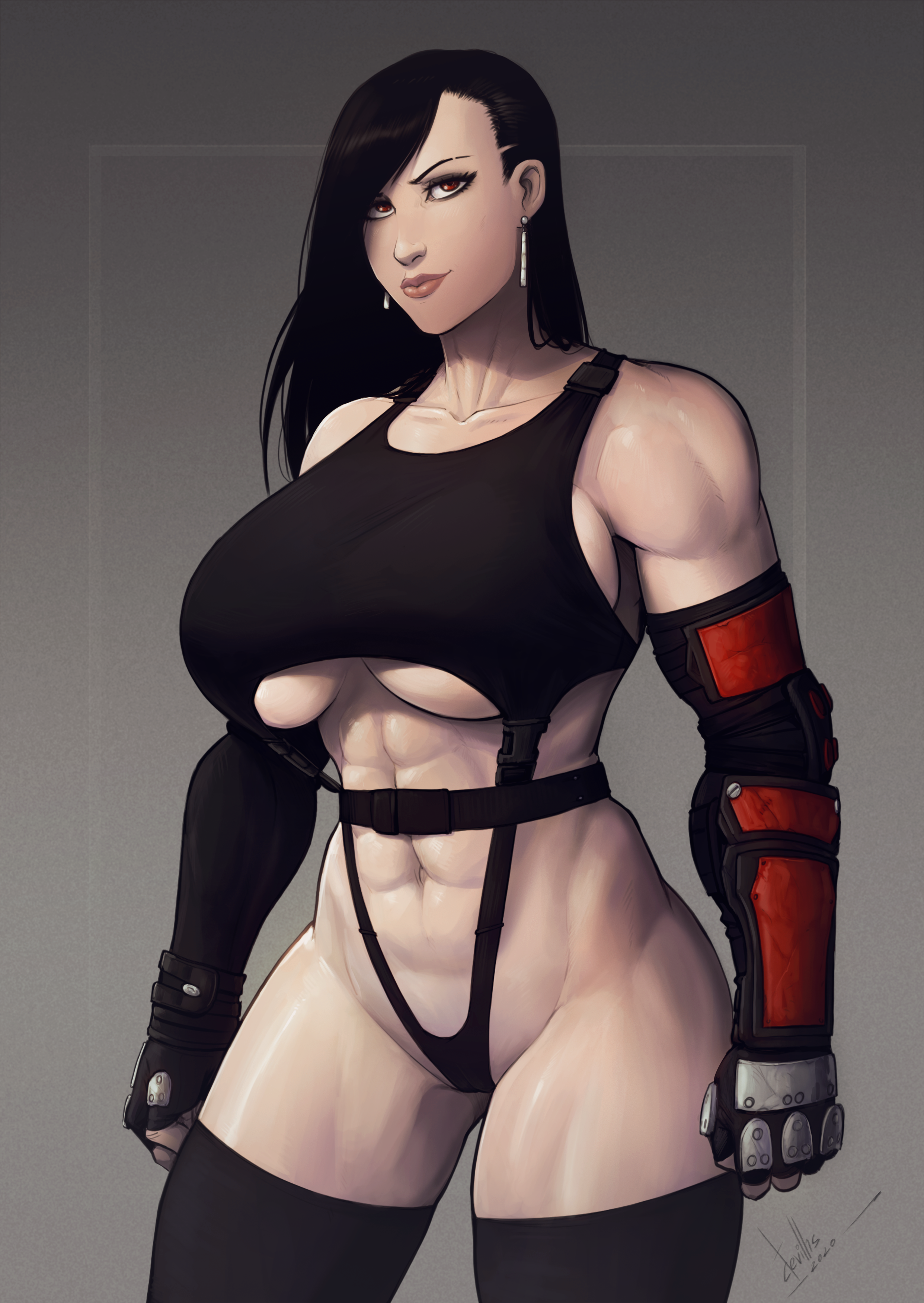 1girls, abs, alternate breast size, big breasts, breasts, cleavage, devil hs, female, female only, final fantasy, final fantasy vii, huge breasts, large breasts, muscles, muscular, muscular female, naughty face, seductive, seductive smile, smile, solo, square enix, thick thighs, thighhighs, tifa lockhart