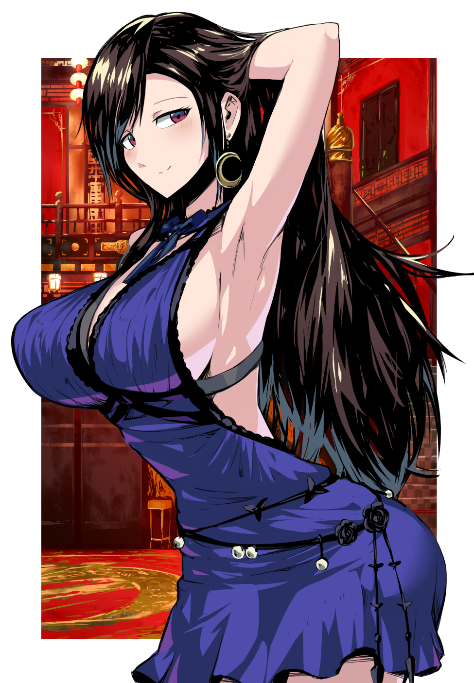 1girls 2020 alternate_costume arm_up armpits backless_dress black_hair bow bra_strap breasts brown_eyes crescent crescent_earrings dress earrings female female_only final_fantasy final_fantasy_vii final_fantasy_vii_remake highres indoors jewelry large_breasts long_hair purple_dress sideboob smile solo suzusiigasuki thighs tifa_lockhart white_border