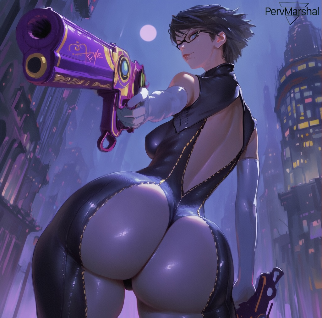 1girls, ai generated, bayonetta, bayonetta (character), big ass, black hair, female, female only, from behind, holding gun, latex suit, looking back, marshalperv, pervmarshal, shiny skin, short hair, solo female, thick thighs
