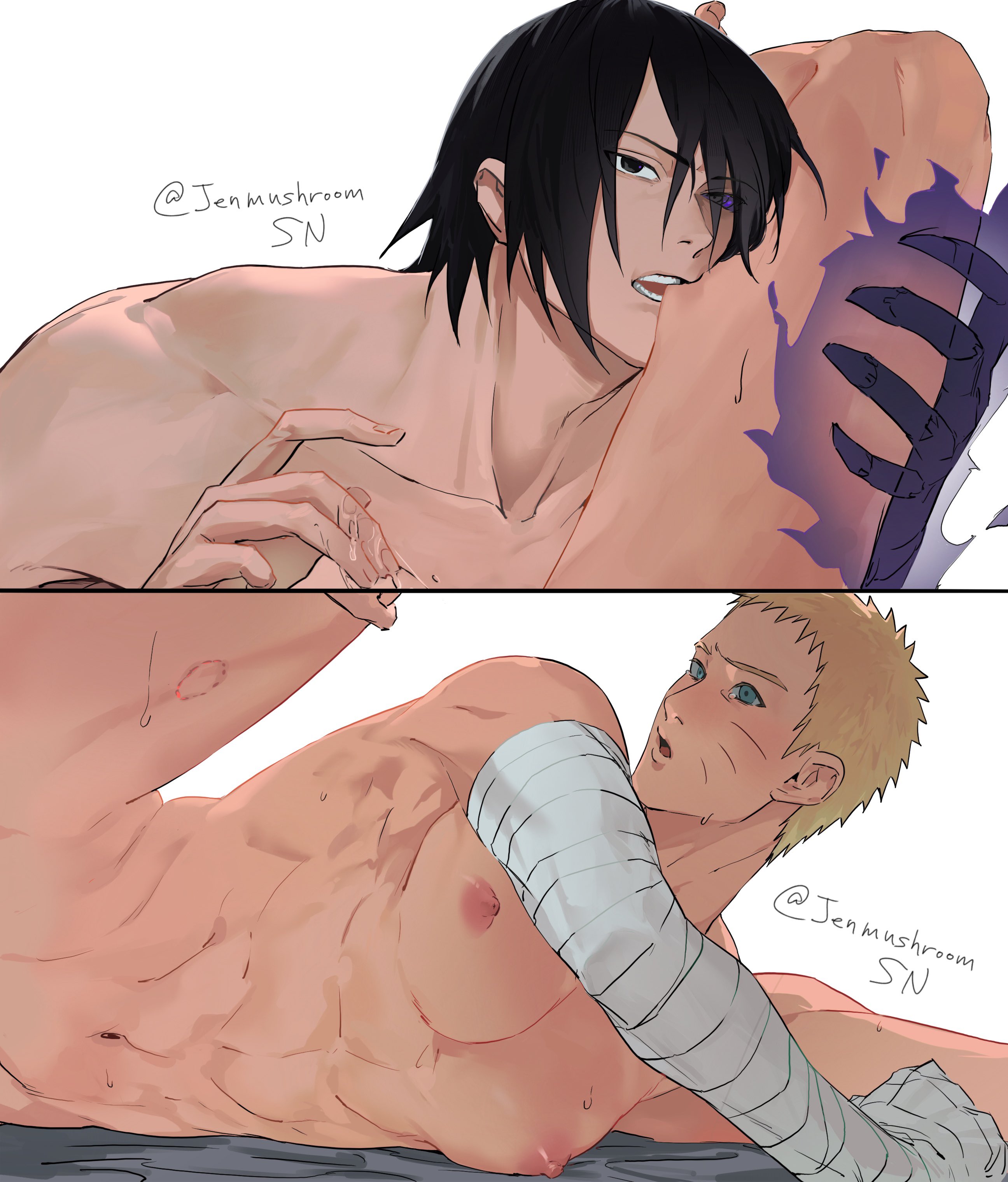 bara, gay, jenmushroom, male, male focus, male only, muscular, muscular male, naruto, naruto (series), sasuke uchiha, uzumaki naruto, yaoi