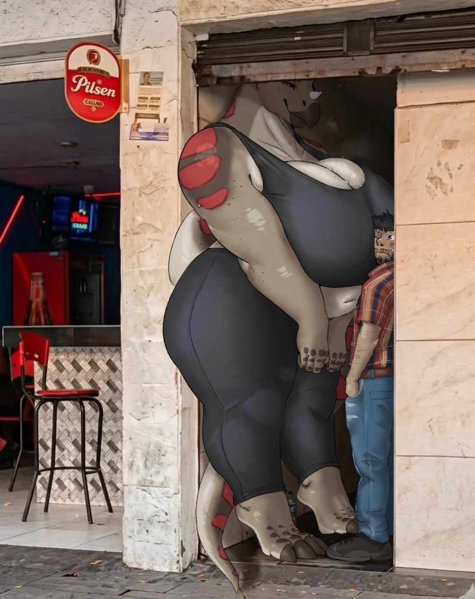 1boy, 1girls, alleyway milf (meme), anthro, big ass, big breasts, boob squish, ceratopsian, clothed, colombia, dinosaur, facial hair, huge ass, huge breasts, jezzlen, large breasts, larger female, leggings, medellin, colombia, pilsen callao, real life background, scalie, size difference, sports bra, taller female, thick thighs, triceratops
