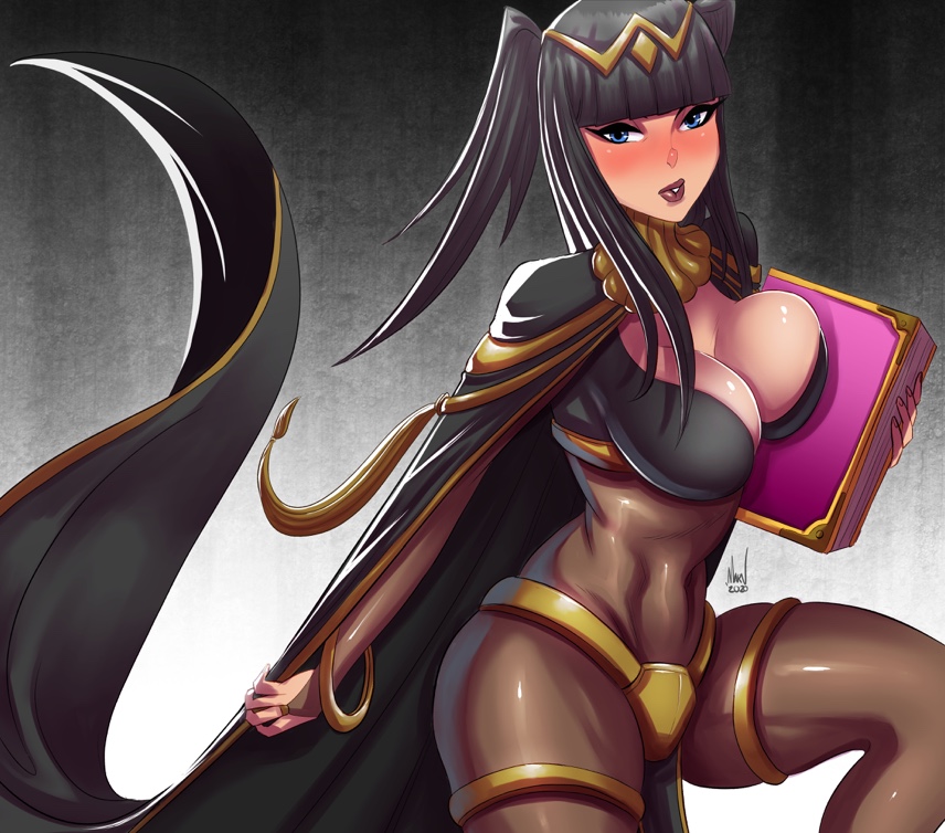 1girls, big breasts, black hair, blue eyes, blunt bangs, bodystocking, breasts, bridal gauntlets, cleavage, clothed, female, female only, fire emblem, fire emblem awakening, large breasts, lipstick, long hair, looking at viewer, paranoidvin, solo, solo female, tharja (fire emblem)