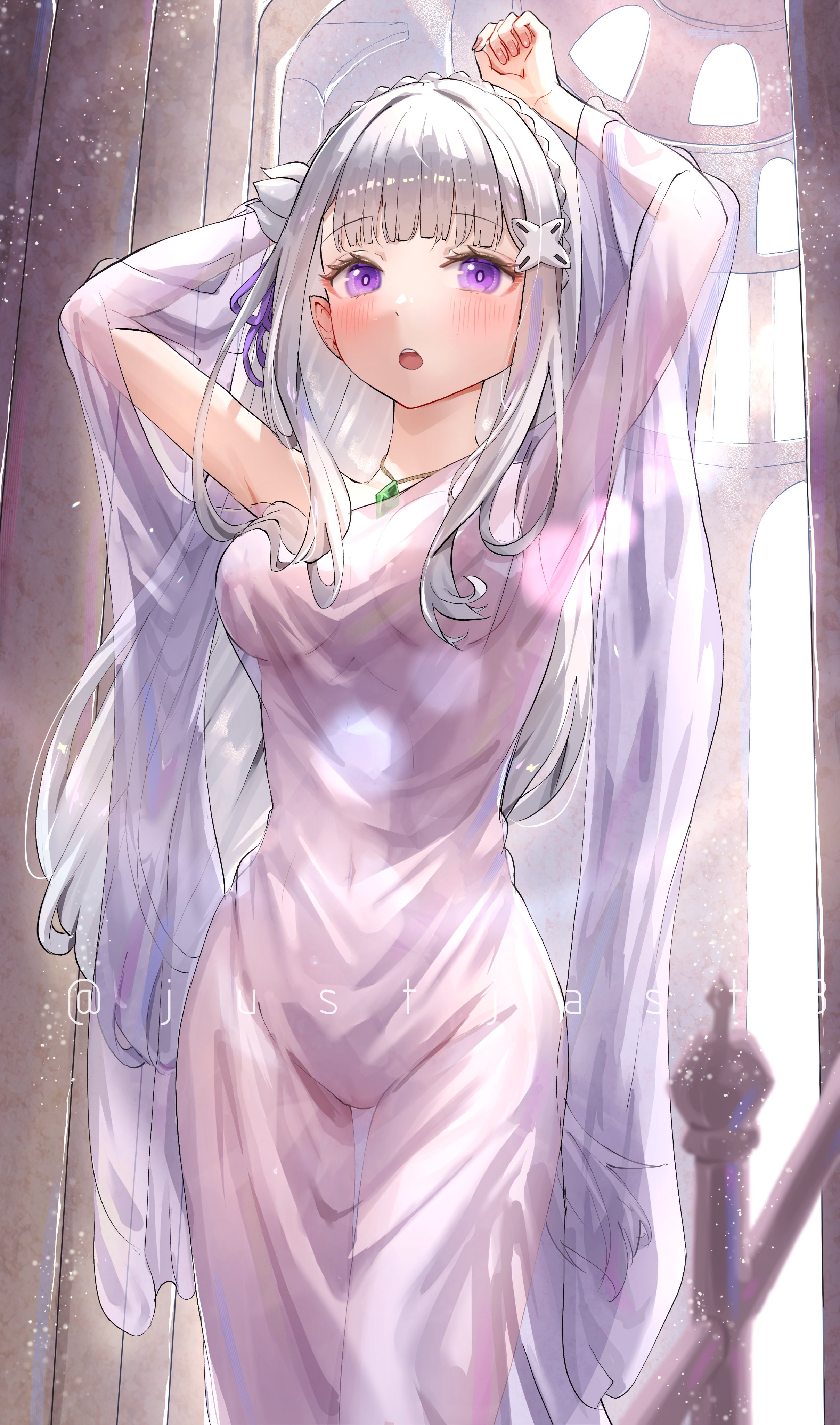 1girls, armpits, arms up, belly, breasts apart, cameltoe, elf, elf ears, elf female, emilia (re:zero), hips, justjast88, medium breasts, nightgown, nipples visible through clothing, nude female, purple eyes, re:zero kara hajimeru isekai seikatsu, see-through clothing, silver hair, solo, standing, thighs