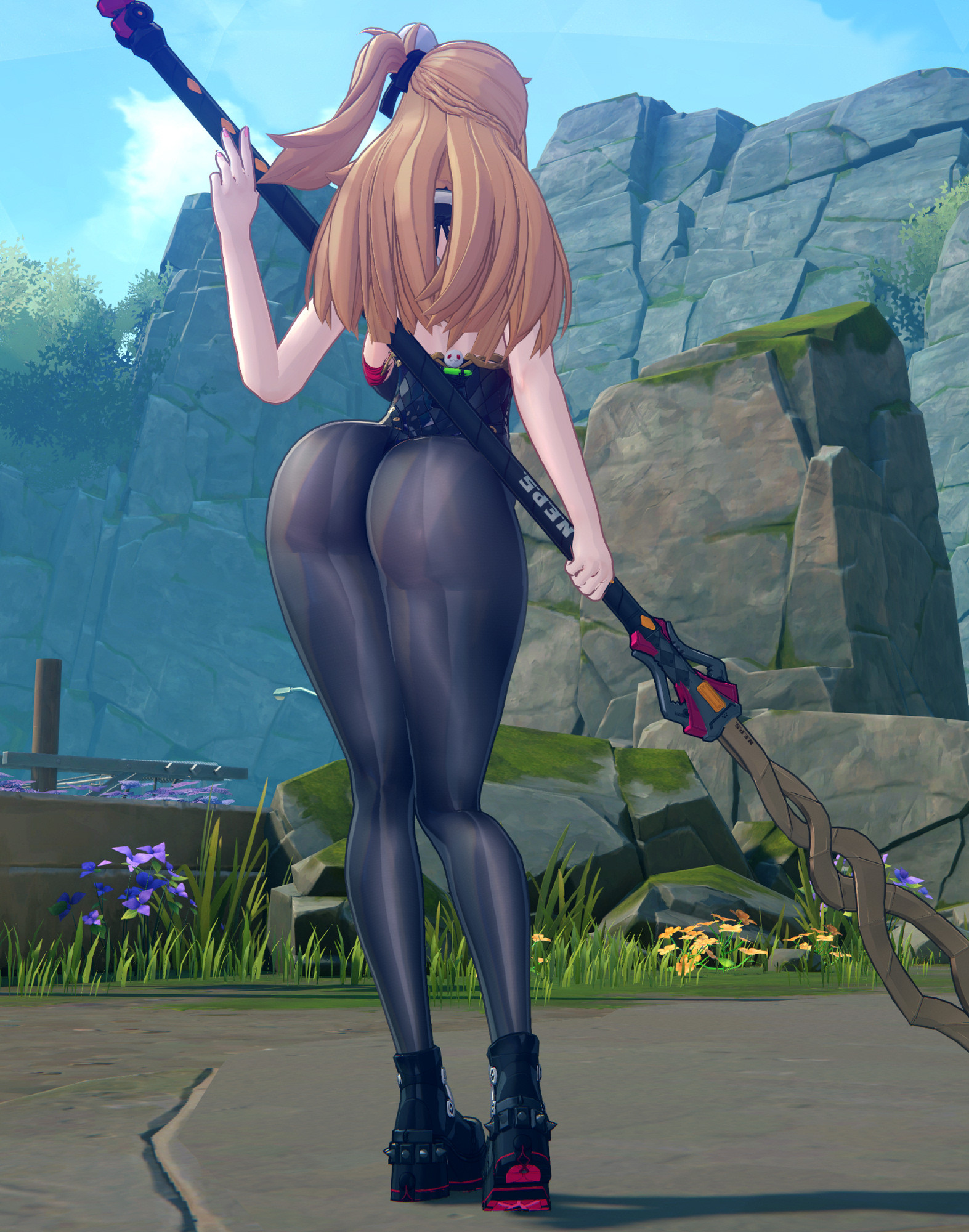 3d, ass, ass focus, big ass, big butt, blonde hair, boots, bottom, bottom heavy, cissia (zenless zone zero), colored nails, female, light-skinned female, mod, painted nails, pantyhose, pink nails, snake girl, tailless, thick thighs, zenless zone zero