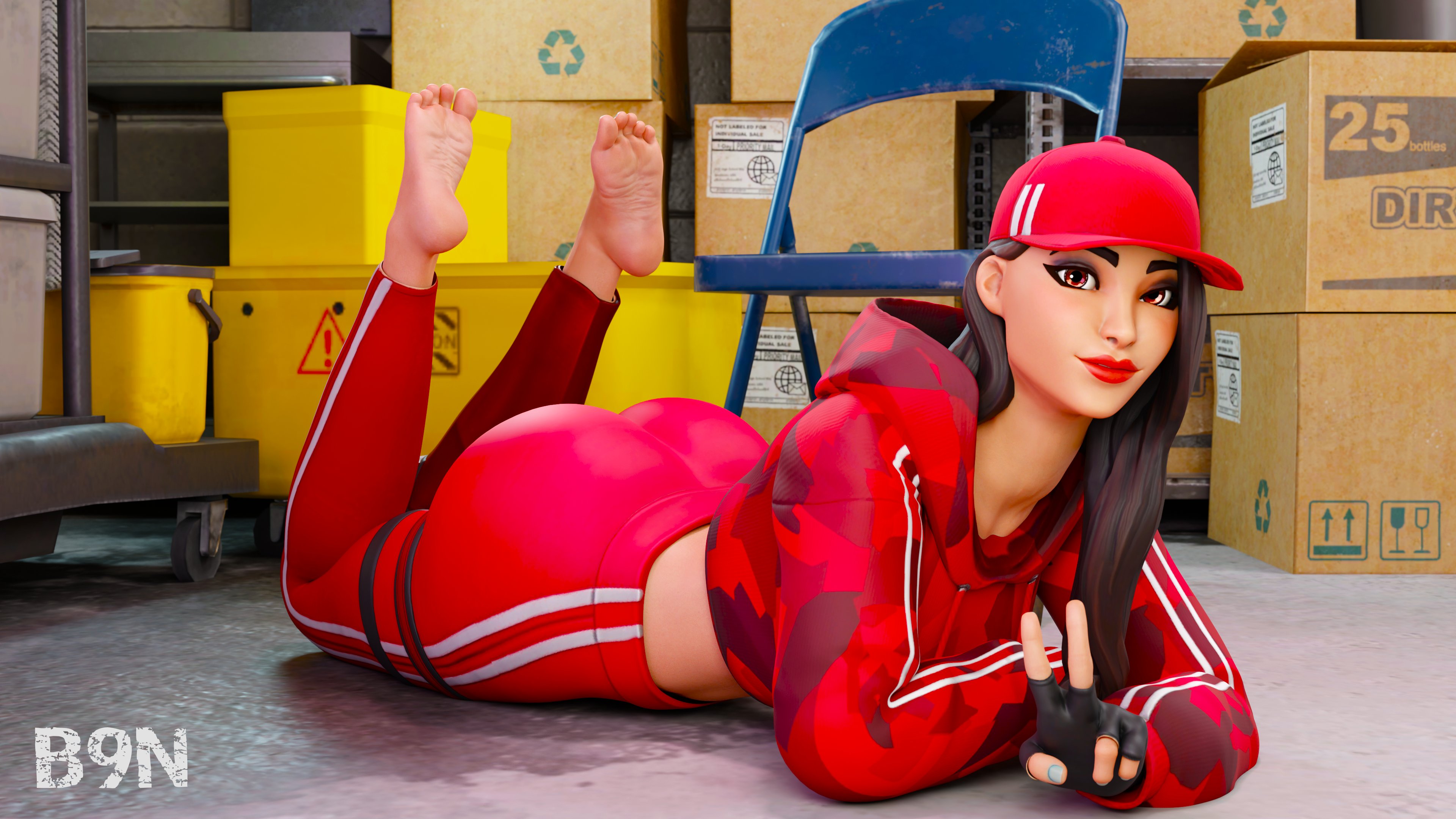 3d, 3d model, 3d render, ass, b9n, big ass, bubble butt, butt, clothed, clothed female, feet, feet up, fortnite, fortnite: battle royale, laying on stomach, lips, lipstick, looking at viewer, peace sign, ruby (fortnite), smile, smiling