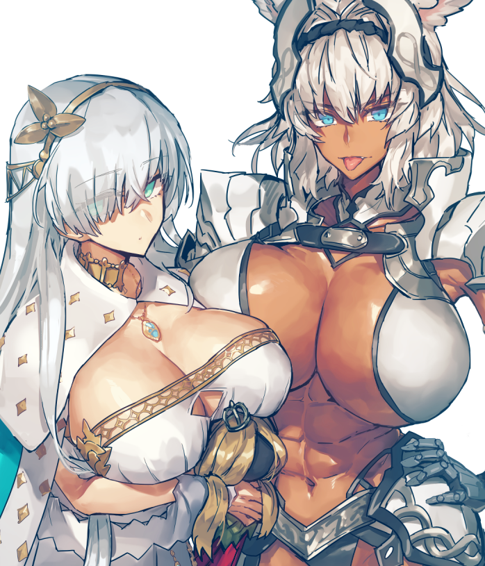 2girls abs anastasia_(fate) animal_ears armor blue_eyes caenis_(fate) cleavage dark-skinned_female dark_skin dress fate/grand_order fate_(series) hair_ornament hair_over_one_eye hairband hand_on_hip holding_object huge_breasts large_breasts melon22 multiple_girls muscular_female simple_background stuffed_toy tongue_out white_background white_hair