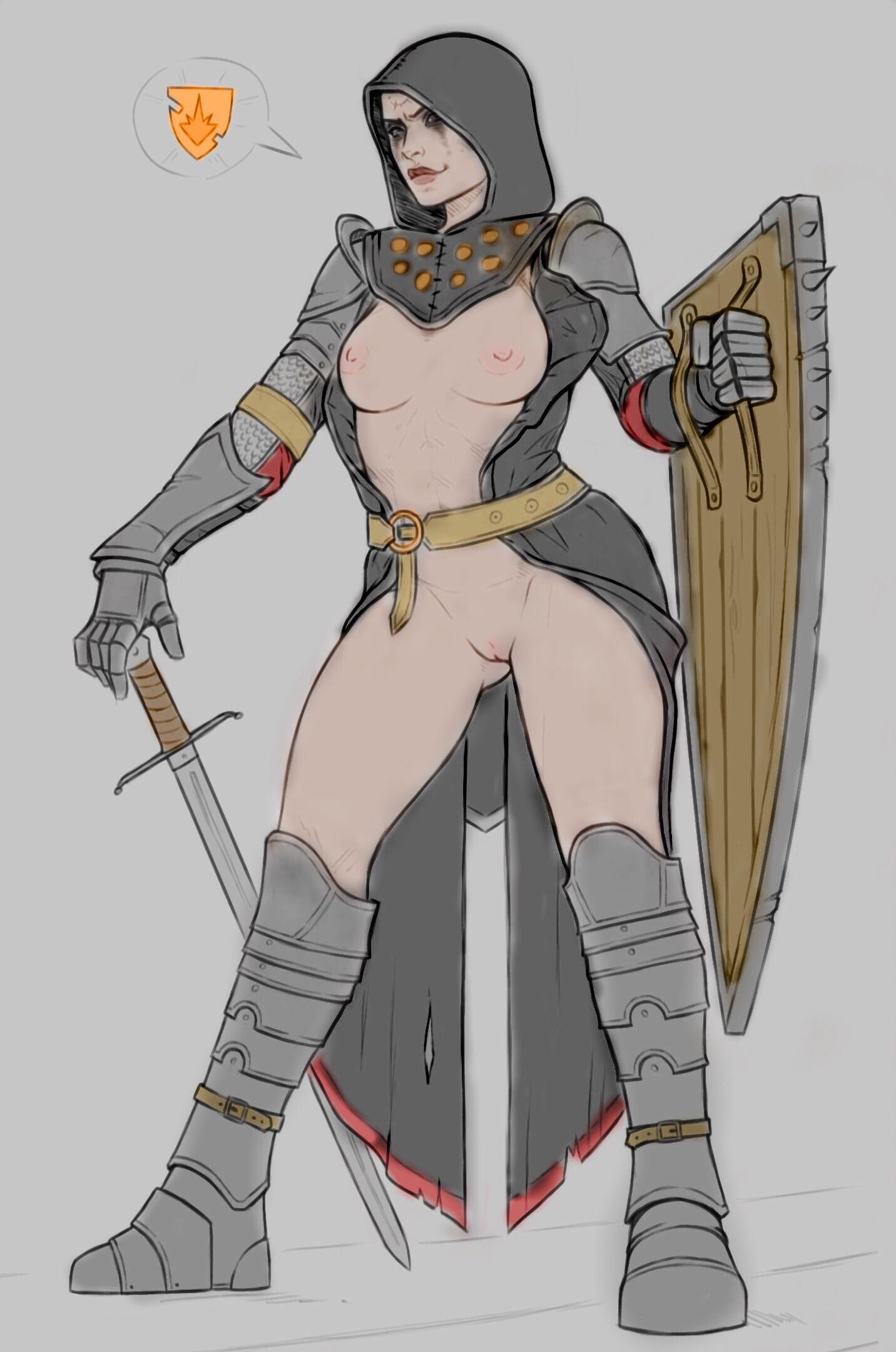 1girls armor armored_boots belt black_eyes black_prior breasts facepaint female female_focus flat_colors footwear for_honor functionally_nude gauntlets gray_background greaves handwear hood knight light_skin medium_breasts mostly_nude nipples pose pussy ragingrabbit2 shield sketch smirk sword