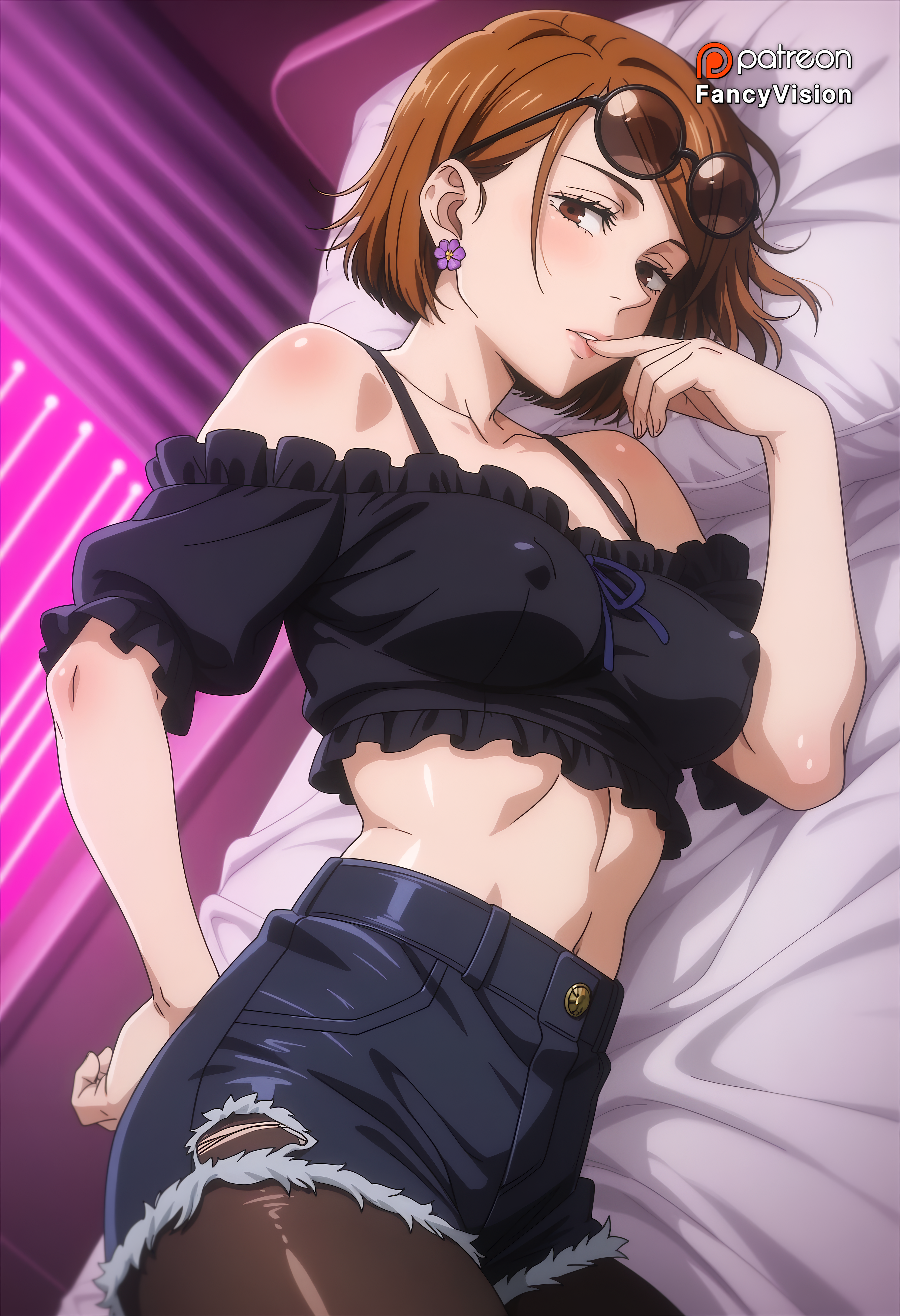 1girls, ai, ai generated, athletic, bed, bedroom, black lace panties, black stockings, black thighhighs, blush, body blush, brown eyes, brown hair, curvy, deep skin, earrings, fancyvision, female, female only, finger in mouth, glasses, hand on hip, jean shorts, jeans, jujutsu kaisen, kugisaki nobara, lace trim, lace-trimmed bra, lace-trimmed panties, looking at viewer, lying on bed, medium breasts, midriff, navel, nobara kugisaki, on side, puffy nipples, sexy pose, short jeans, short shorts, shorts, skindentation, slim waist, solo, sunglasses, sunglasses on head, thick ass, thick thighs, voluptuous female, white pillow, wide hips