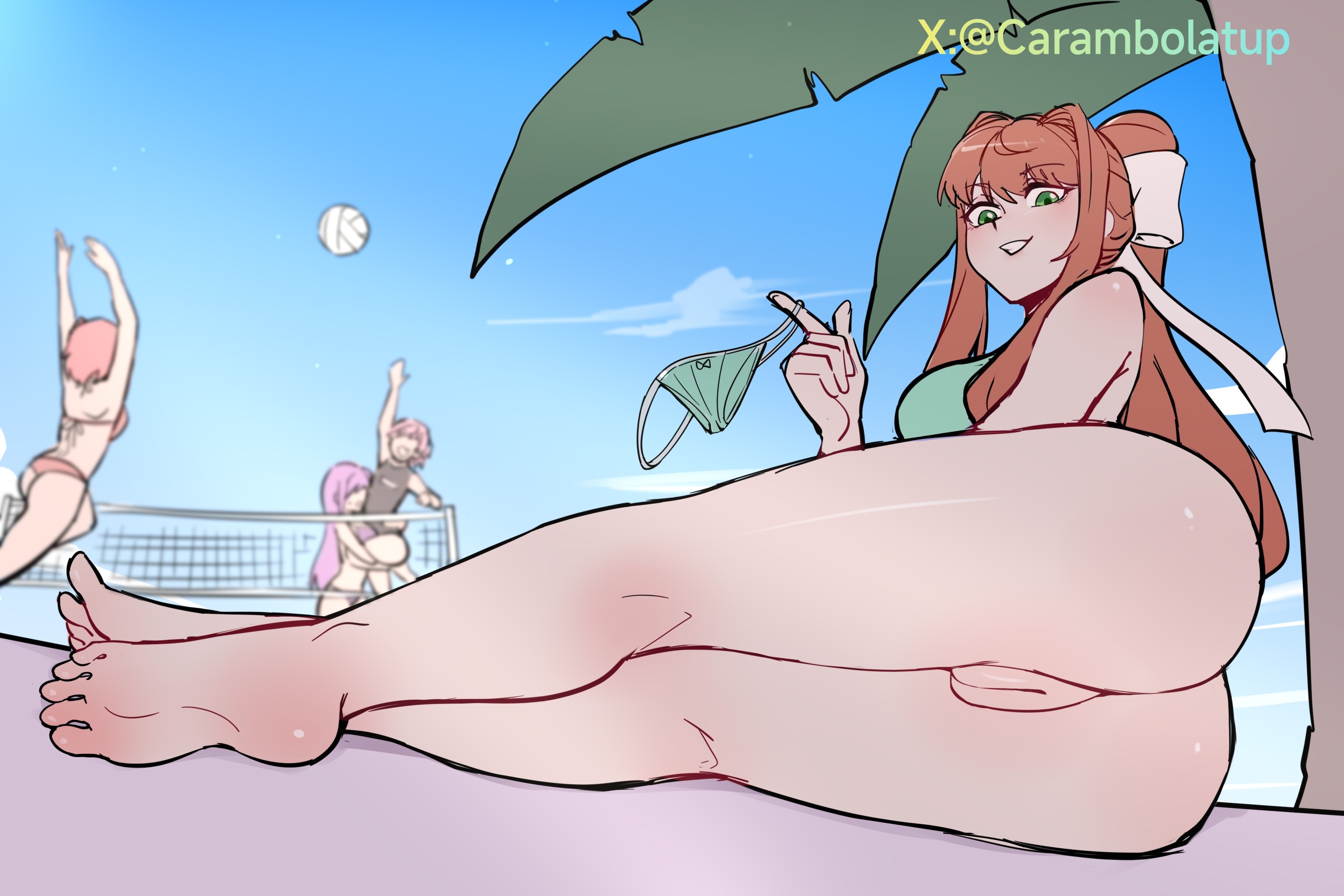 4girls, ass, ass bigger than head, ass focus, beach, big ass, big thighs, bikini, bikini bottom, bikini top, bikini top only, bottomless, bubble ass, carambolatup, curvy, curvy body, curvy female, curvy figure, curvy hips, doki doki literature club, exhibitionism, exhibitionist, fat ass, feet, feet focus, female, huge thighs, light skin, light-skinned female, monika (doki doki literature club), natsuki (doki doki literature club), outdoor nudity, outdoors, presenting, presenting ass, presenting butt, presenting hindquarters, presenting pussy, public, public nudity, pussy, pussy lips, pussy peek, sayori (doki doki literature club), thick ass, thick legs, thick thighs, thunder thighs, vagina, volleyball, wide hips, wide thighs, yuri (doki doki literature club)
