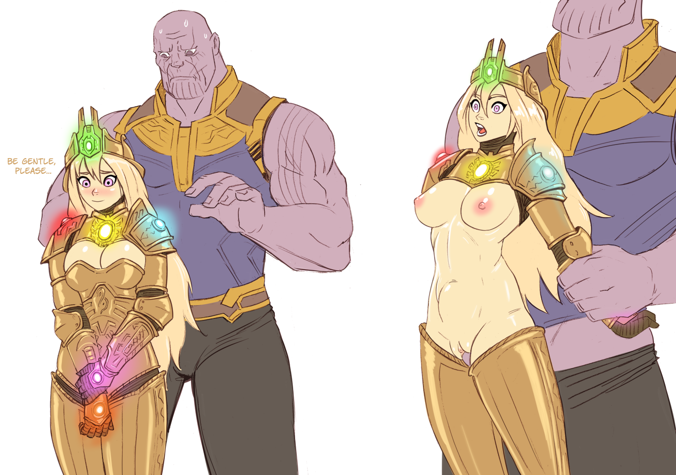1boy, 1girls, big dom small sub, big penis, breasts, digital drawing (artwork), digital media (artwork), english, english text, female, female penetrated, flick, gijinka, humanized, infinity gauntlet, interspecies, male, male penetrating, male penetrating female, male/female, maledom, marvel, marvel comics, meme, penis, pounding, rough sex, sex, sex from behind, stomach bulge, tagme, text, thanos