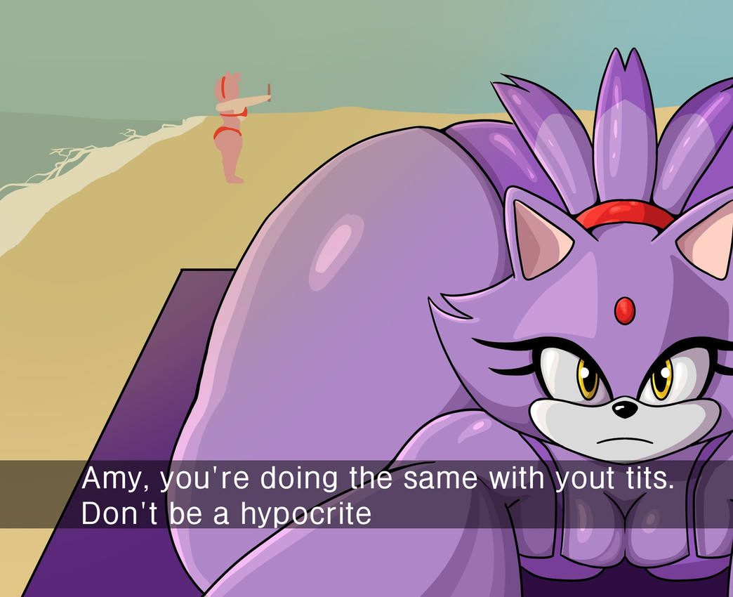2026, amy rose, anthro, ass up, beach, beach towel, bent over, big butt, bikini, blaze the cat, butt, clothing, domestic cat, duo, eulipotyphlan, felid, feline, felis, female, forehead gem, gem, hair, hedgehog, hi res, huge butt, mammal, misspelling, orange eyes, pink body, ponytail, purple body, sega, selfie, sonic (series), sonic the hedgehog (series), towel, two-piece swimsuit, yiomo