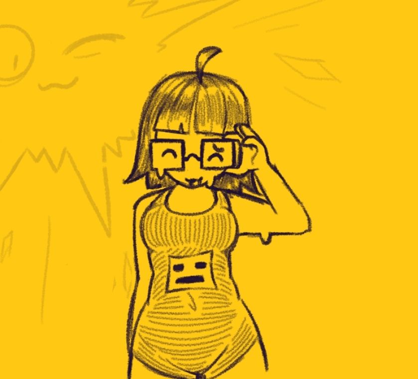 ahoge, breasts, brown hair, brunette, brunette female, brunette hair, brunette-haired female, ethicalgooner2007 (kryptraider), flat chest, flat chested, glasses, greyscale, large breasts, lava enemaa, monochrome, naked, naked female, nerd, nerdy, nerdy female, nipples, nude, nude female, one-piece swimsuit, pale, pale skin, pale skinned female, pale-skin, pale-skinned female, school swimsuit, short hair, sketch, small breasts, square glasses, swimwear, tagme