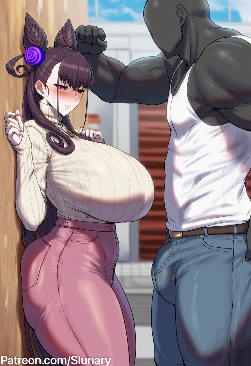 1boy, 1girls, ai generated, ass, big ass, breasts, bulge, bulge through clothing, curvaceous, curvy, curvy , curvy body, curvy female, curvy figure, dark skin, dark-skinned male, fate (series), hourglass figure, huge ass, huge breasts, light skin, light-skinned female, looking at penis, murasaki shikibu (fate), side view, slim waist, slunary, thick, thick ass, thick thighs, thighs, wall, watermark