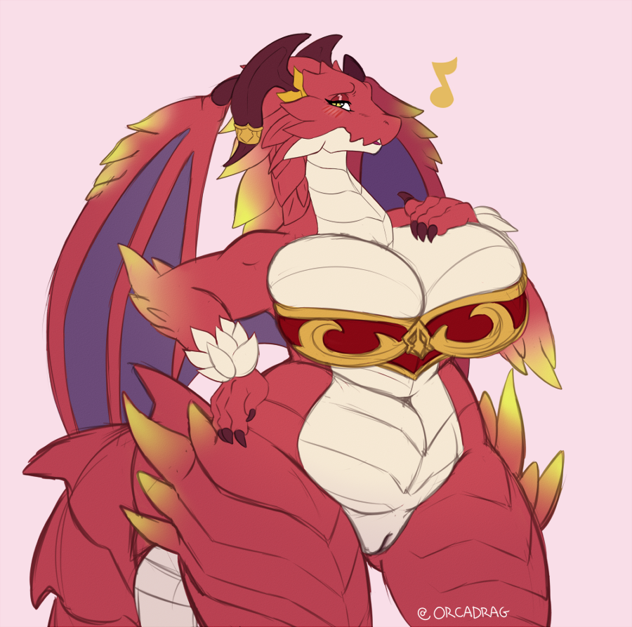 anthro anuvia big_breasts blush bottomless breasts brunhilda clothed clothing dragalia_lost dragon female genitals hand_on_hip holding_breast membrane_(anatomy) membranous_wings pussy red_body red_scales scales scalie slightly_chubby solo wide_hips wings