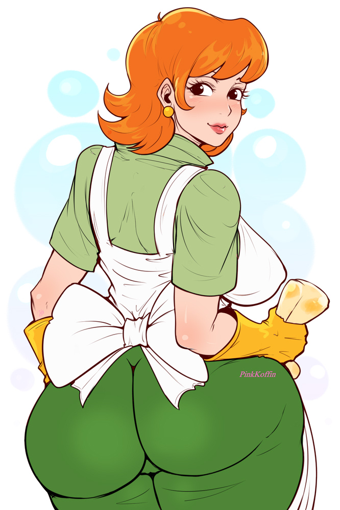 1girls, apron, ass, big ass, big breasts, black eyes, blush, breasts, cartoon network, dexter's laboratory, dexter's mom, earrings, female, female only, gloves, huge ass, latex, latex gloves, light skin, light-skinned female, lips, lipstick, mature female, milf, mother, orange hair, pale skin, pale-skinned female, pinkkoffin, sideboob, thick ass, thick thighs, thighs, tight pants, yellow gloves
