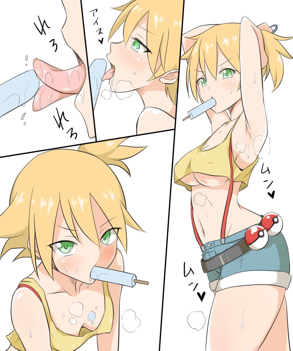 1girls, abs, alternate eye color, arms up, belly, belt, big breasts, blush, breasts, candy, cleavage, close-up, ekusu delusion, eye contact, female, female only, fit, from above, green eyes, heavy breathing, human, ice cream, kasumi (pokemon), licking, looking at viewer, midriff, mouth hold, navel, nintendo, oral, orange hair, poke ball, pokemon, pokemon rgby, pose, saliva, sexually suggestive, shirt, short hair, shorts, side ponytail, side view, solo, steaming body, suspenders, sweat, tank top, text, tongue, tongue out, underboob, waist poke ball, wet, wide hips