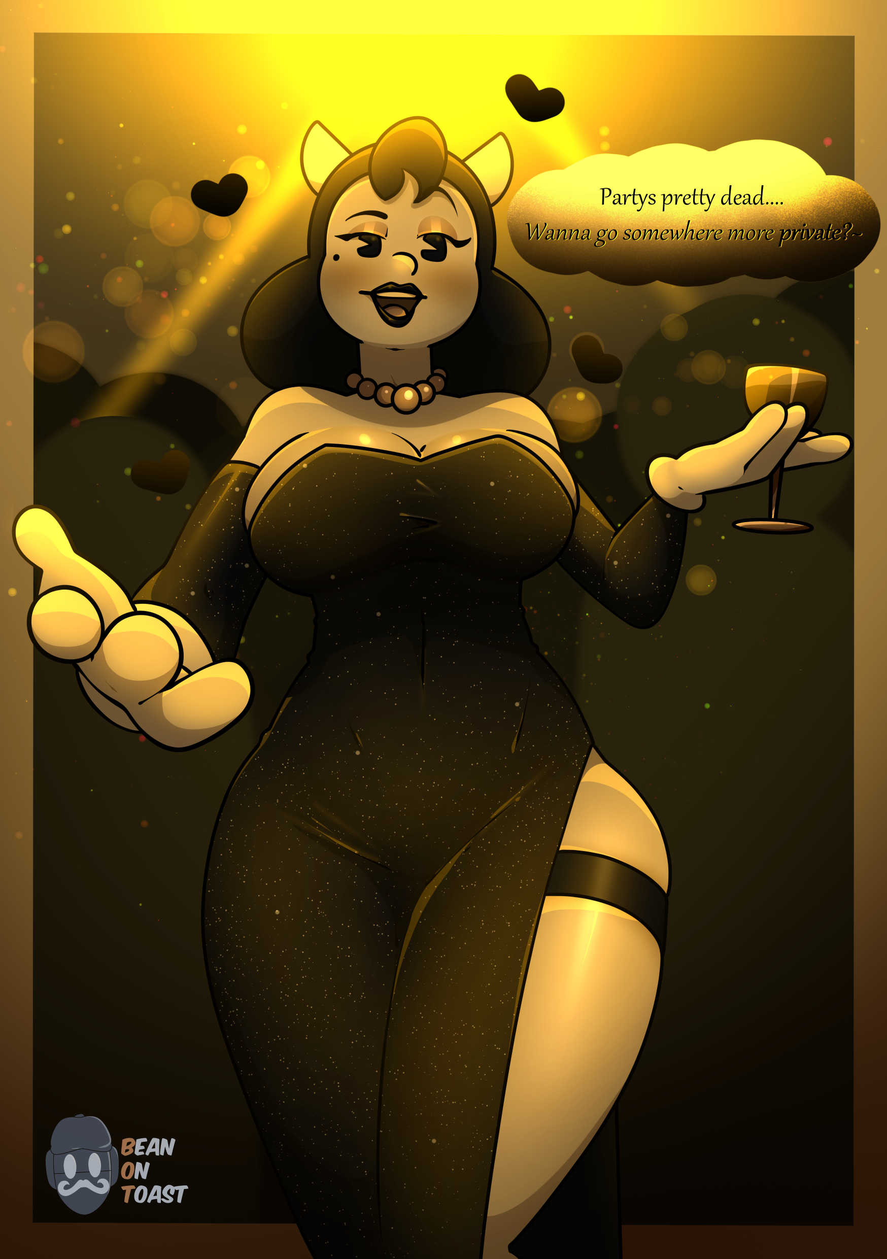 2026, 2d, 2d (artwork), 2d artwork, alice angel, artist logo, artist name, beanontoast, bendy and the dark revival, bendy and the ink machine, big breasts, black dress, black hair, black lipstick, female, gloves, gold body, halo, horns, mascot horror, thick thighs