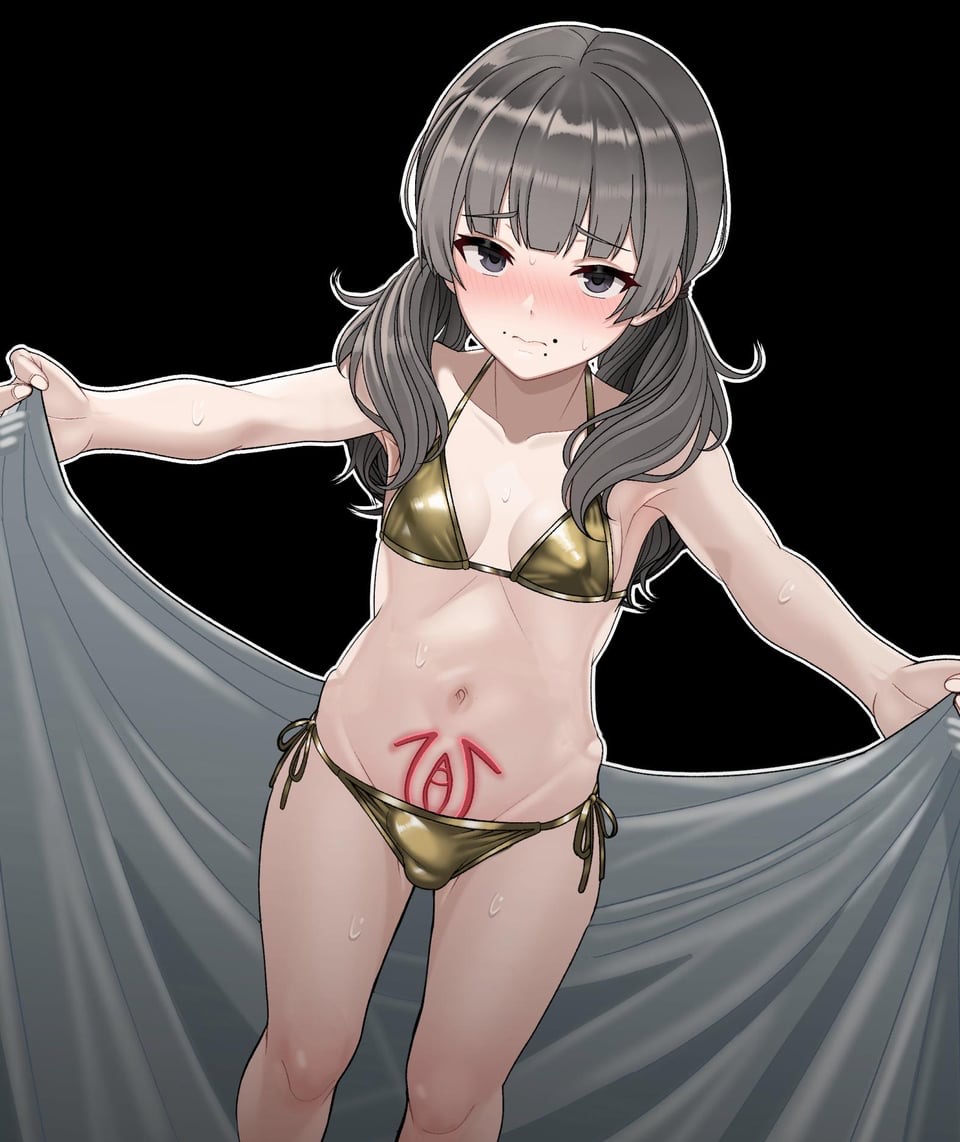 1futa, bikini, bikini bottom, bikini top, blush, blush lines, blushing, blushing at viewer, breasts, bulge, bulge through clothing, bulge under clothes, erection in panties, erection under clothes, erection under clothing, fear and hunger, fear and hunger: termina, golden bikini, looking at viewer, marina (fear and hunger), minami no uoza, penis, petite, petite body, pinup, presenting, small breasts, swimwear, tits, trans woman, transfem, variant, variant set