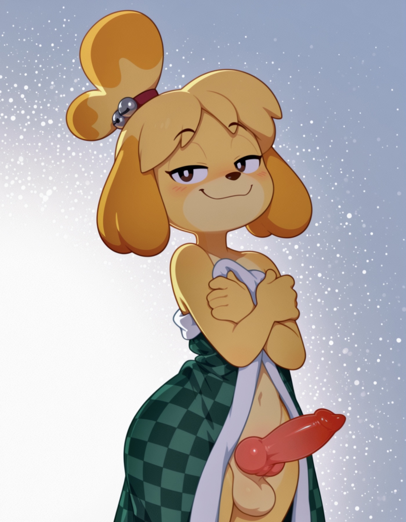 , 1futa, ai generated, animal crossing, balls, belly button, black eyebrows, black eyes, blanket, blanket over body, blush, blush lines, breedorbred, canine penis, cartoony, cel shading, comfyui, covering breasts, crossed arms, curvy figure, erection, functionally nude, futanari, half-closed eyes, hi res, isabelle (animal crossing), knotted penis, looking at viewer, nude, penis, penis out, petite body, raised eyebrows, simple background, smile, smug, tan body, two-tone body, wide hips, yellow body