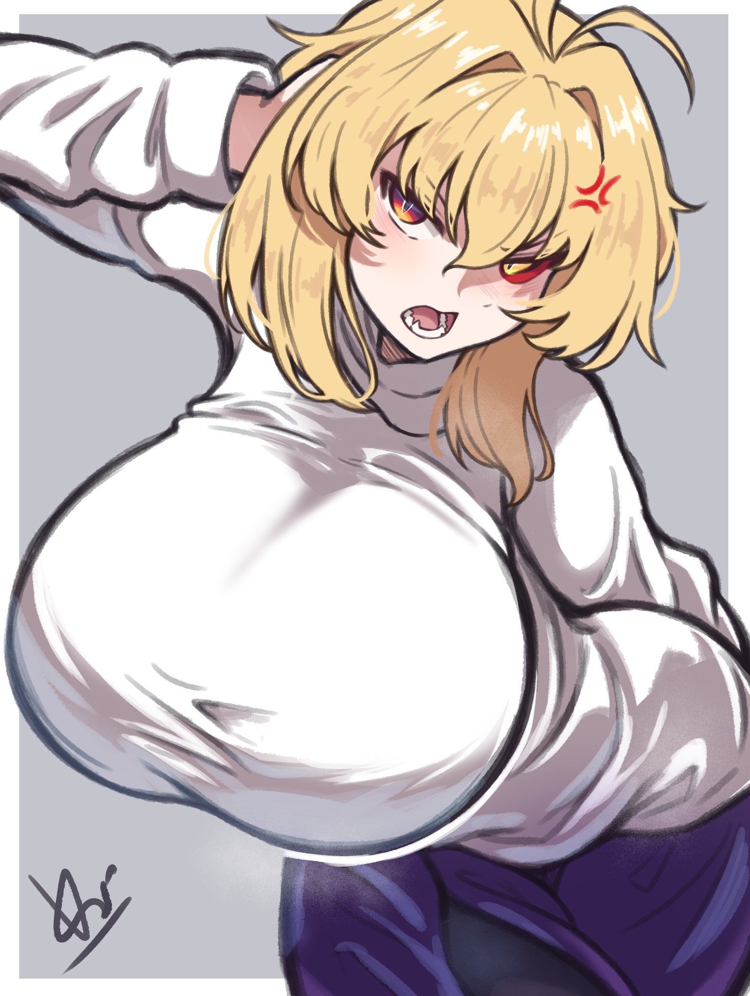 1girl, alternate breast size (larger), anger vein, angry, arcueid brunestud, arm behind back, blonde hair, blush, breast focus, breasts, colored sclera, crossed legs, fang, foreshortening, grey background, hair between eyes, hair intakes, hand in own hair, hanging breasts, heterochromia, highres, huge breasts, leaning forward, long skirt, looking at viewer, mystic eyes of enchantment, open mouth, purple skirt, red arcueid, red eyes, red sclera, short hair, side slit, sidelocks, skirt, solo, sweater, tsukihime, tsukihime (remake), turtleneck, turtleneck sweater, vampire, vinsycal, white sweater, yellow eyes